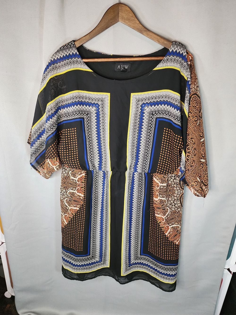 AUW Black Tunic Dress with Blue, Yellow & Brown Geometric-Paisley Panels